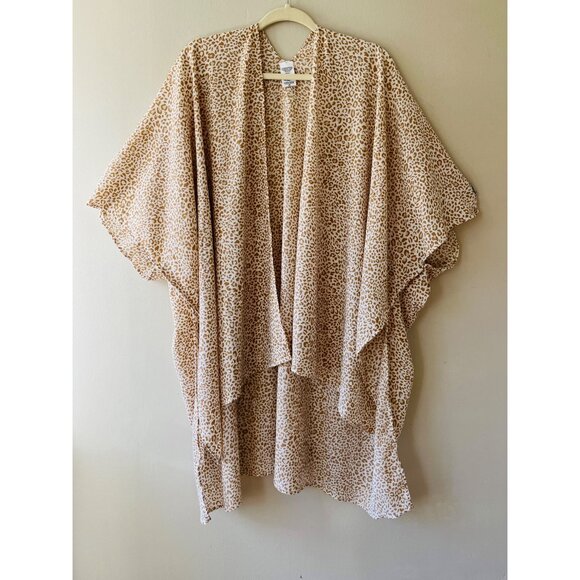One Size Kimono Cover Up Beige Leopard Animal Print Wrap Open Tunic - Picture 2 of 6